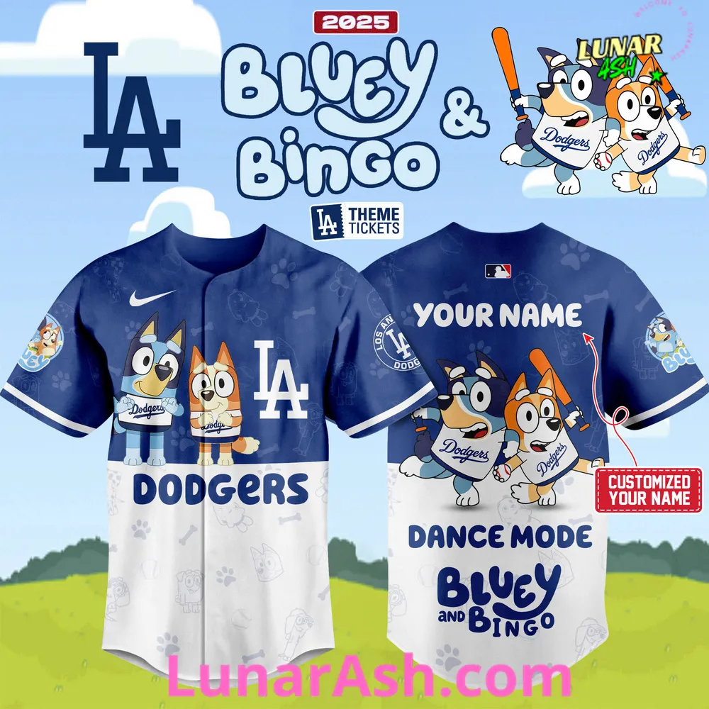 Dodgers Dance Mode Bluey and Bingo Special Baseball Jersey Dodgers Dance Mode Bluey and Bingo Special Baseball Jersey